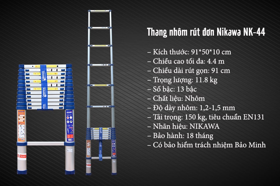 Thang nhôm rút/xếp đơn Nikawa NK-44 chiều cao 4,4 m