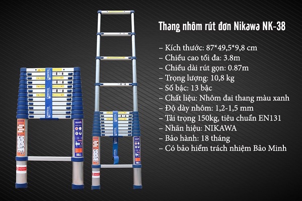 Thông số thang nhôm rút đơn Nikawa NK-38 new
