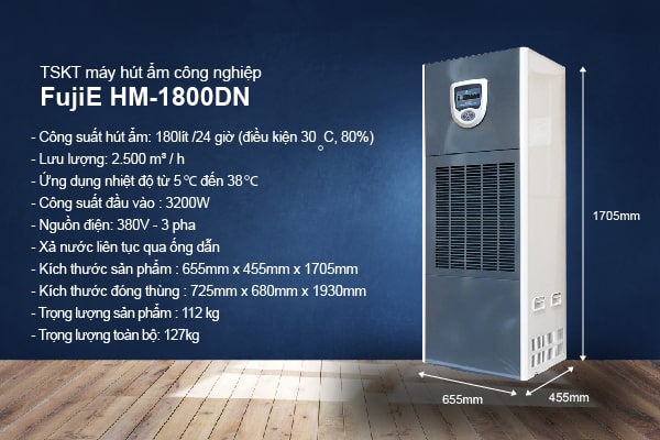thông số kỹ thuật máy hút ẩm công nghiệp Fujie HM 1800dn