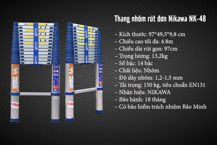 Thang nhôm rút/xếp đơn chính hãng Nikawa NK-48 4,8m