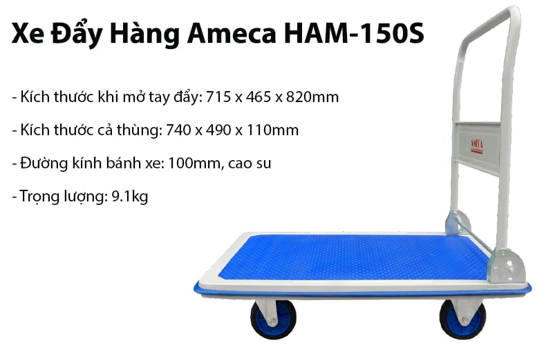 Thông số kĩ thuật xe đẩy sàn thép Ameca tải trọng 150kg