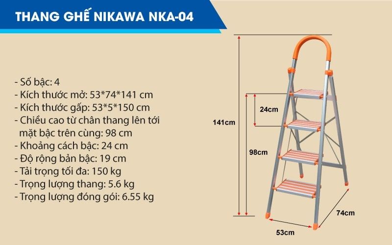 Thang nhôm ghế tay vịn 4 bậc Nikawa NKA-04