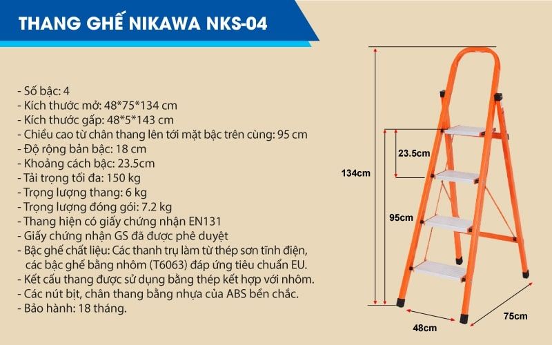 Thang nhôm ghế tay vịn 4 bậc Nikawa NKS 04