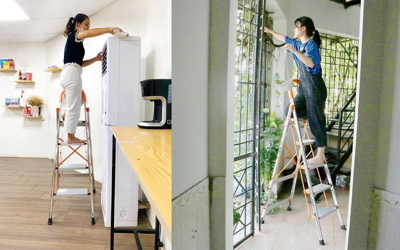 Sử dụng thang nhôm ghế hỗ trợ vệ sinh nhà cửa
