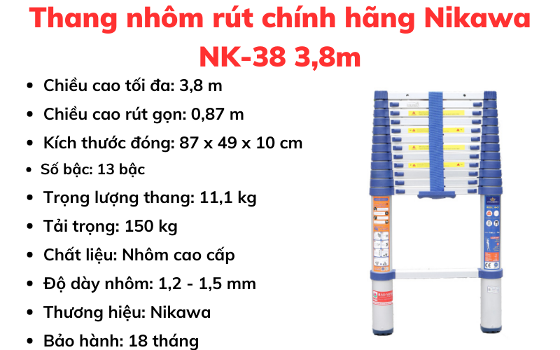 Thang nhôm rút chính hãng Nikawa NK-38 3,8m