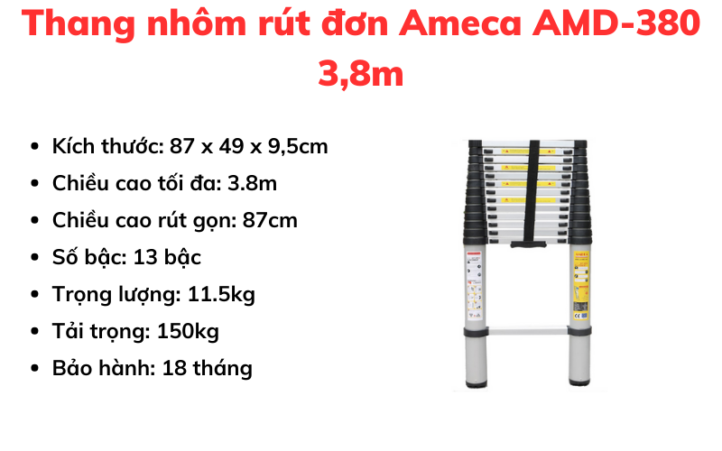 Thang nhôm rút đơn Ameca AMD-380 3,8m