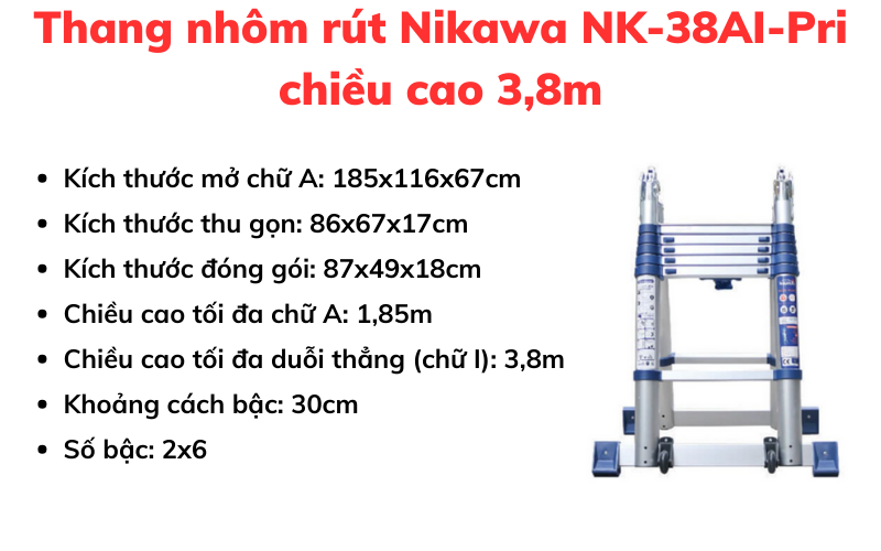 Thang nhôm rút Nikawa NK-38AI-Pri chiều cao 3,8m