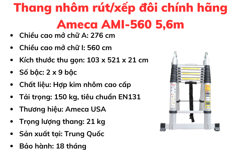 Thang nhôm rút/xếp đôi chính hãng Ameca AMI-560 5,6m