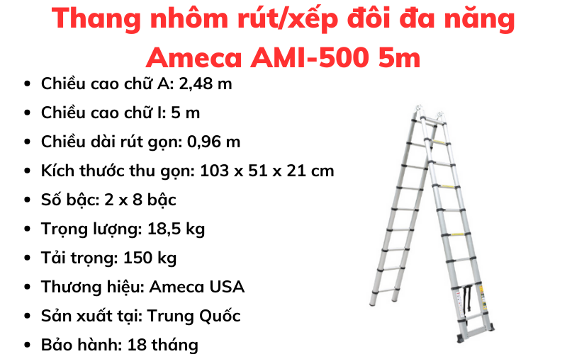 Thang nhôm rút/xếp đôi đa năng Ameca AMI-500 5m