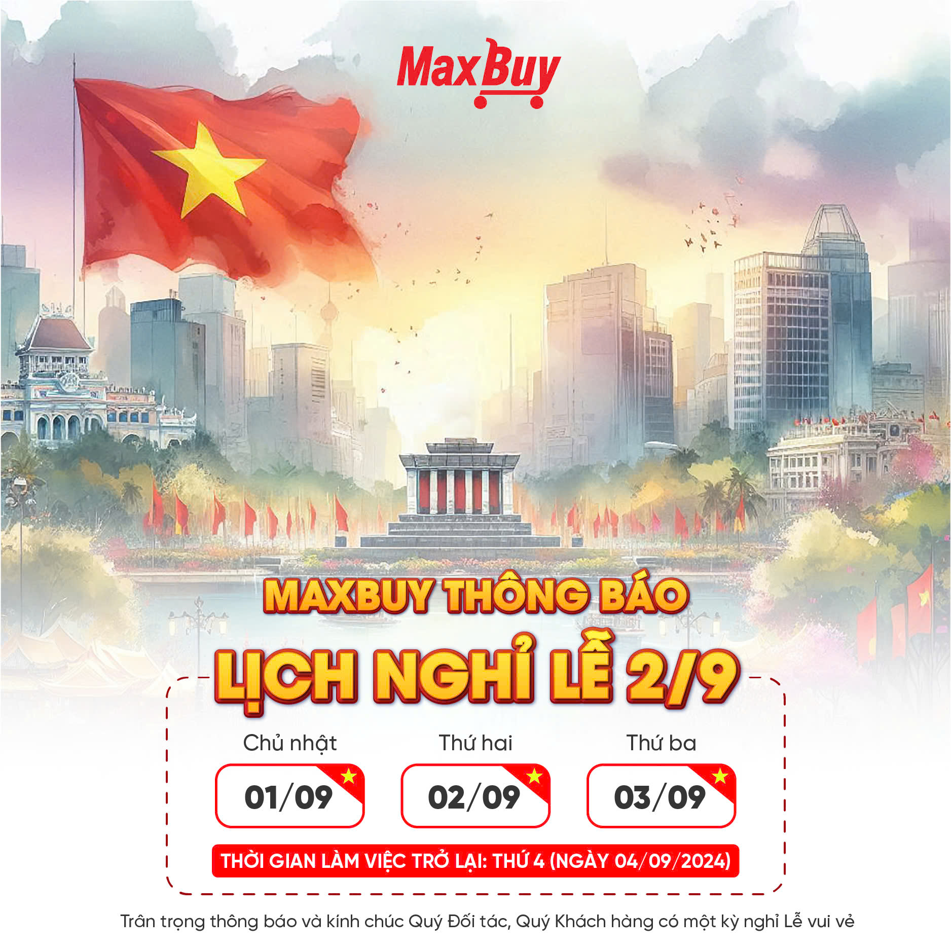 THÔNG BÁO NGHỈ LỄ QUỐC KHÁNH 2/9/2024