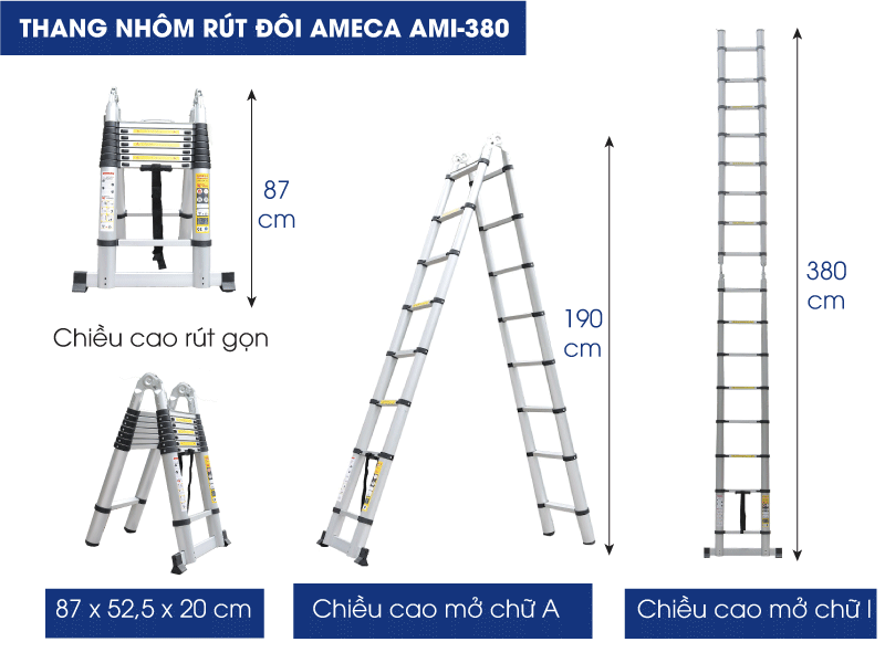 thông số kỹ thuật thang nhôm rút đôi ameca ami-380