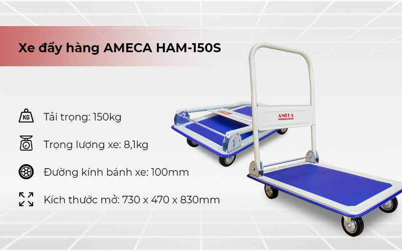 Xe đẩy hàng 4 bánh sàn thép Ameca HAM-150S tải trọng 150kg